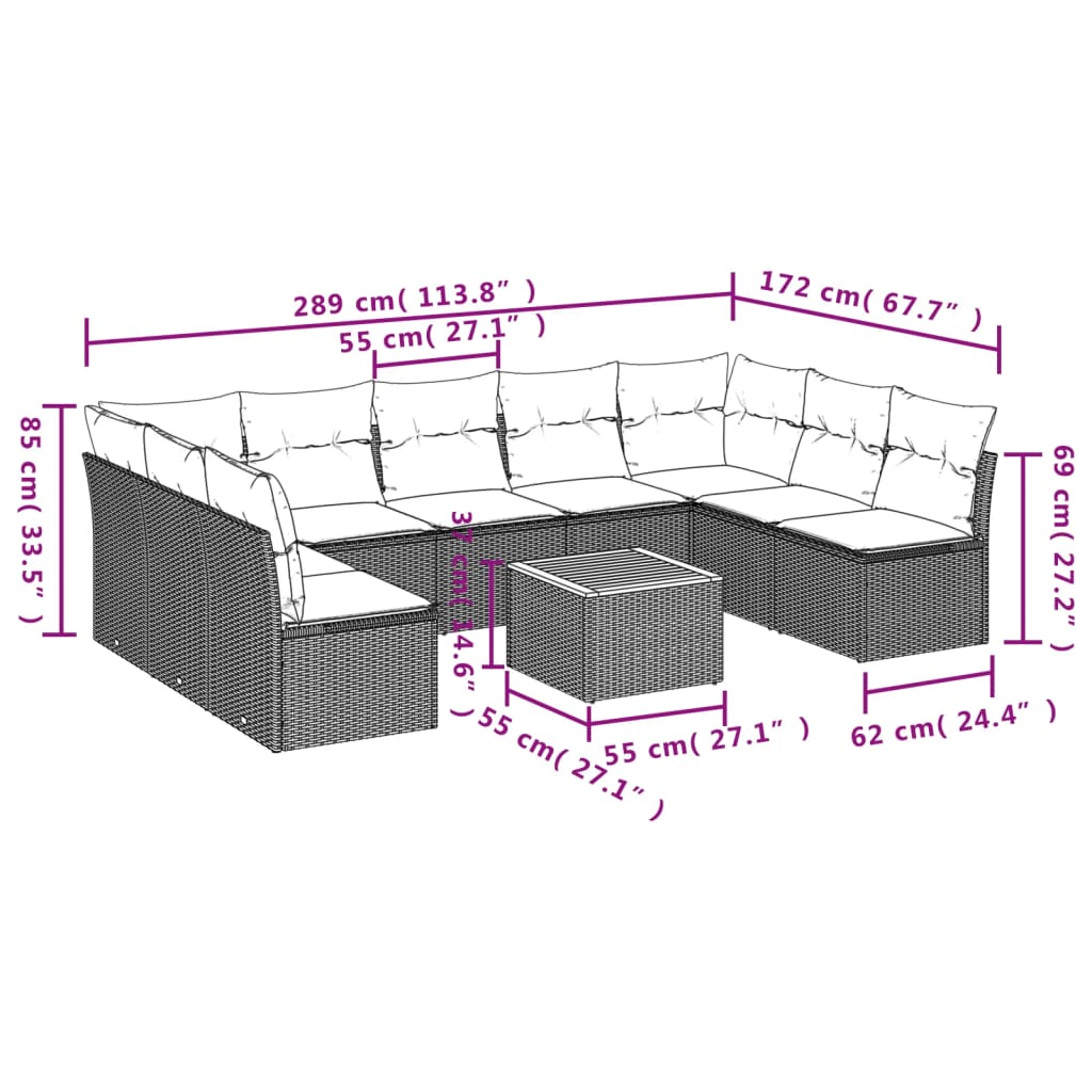 10-tlg. Garten-Sofagarnitur mit Kissen Beige Poly Rattan