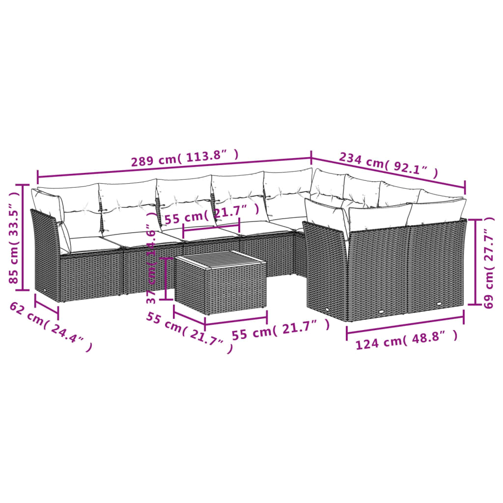 10-tlg. Garten-Sofagarnitur mit Kissen Grau Poly Rattan