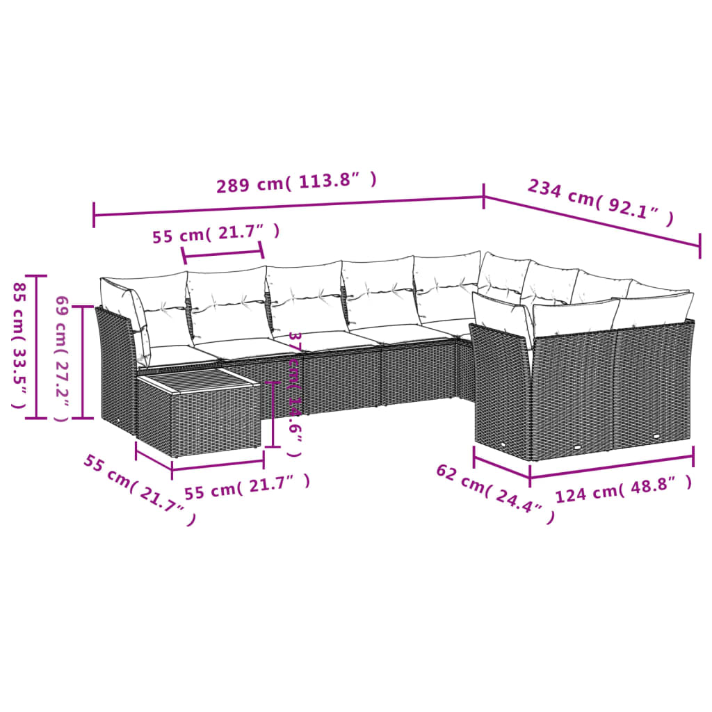 10-tlg. Garten-Sofagarnitur mit Kissen Grau Poly Rattan - Pazzar.ch