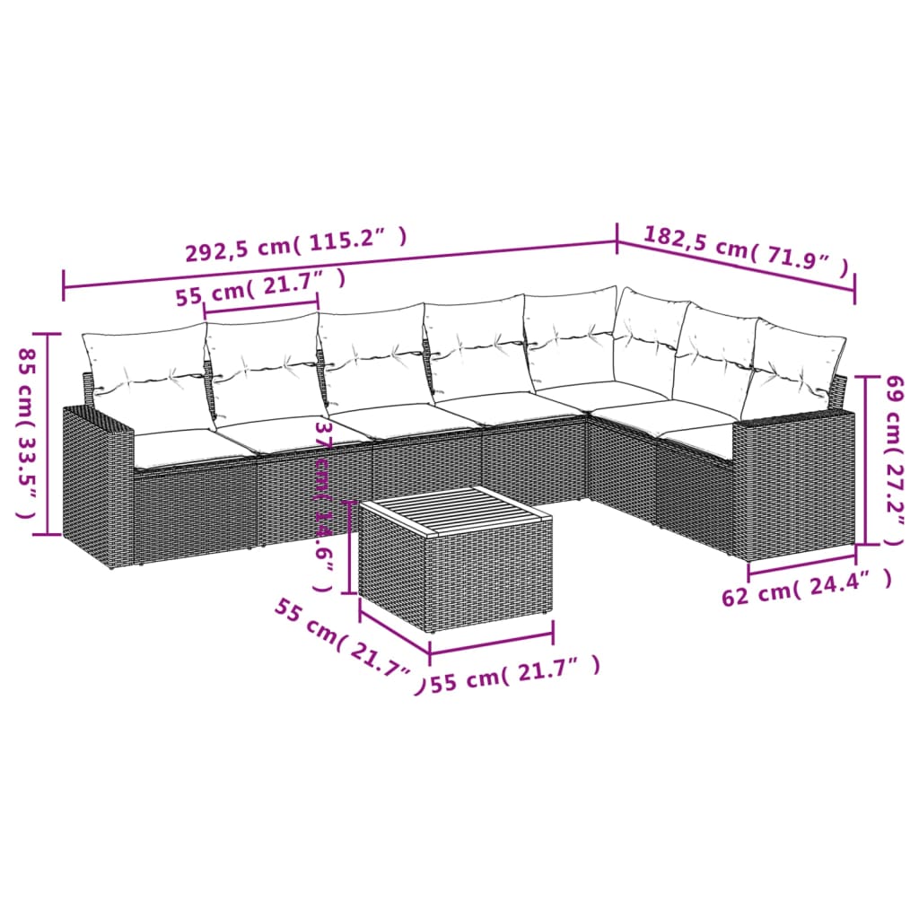 8-tlg. Garten-Sofagarnitur mit Kissen Beige Poly Rattan