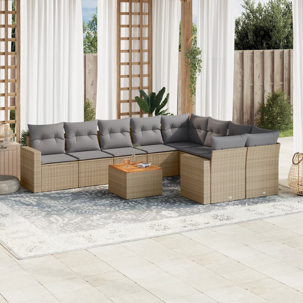 10-tlg. Garten-Sofagarnitur mit Kissen Beige Poly Rattan - Pazzar.ch