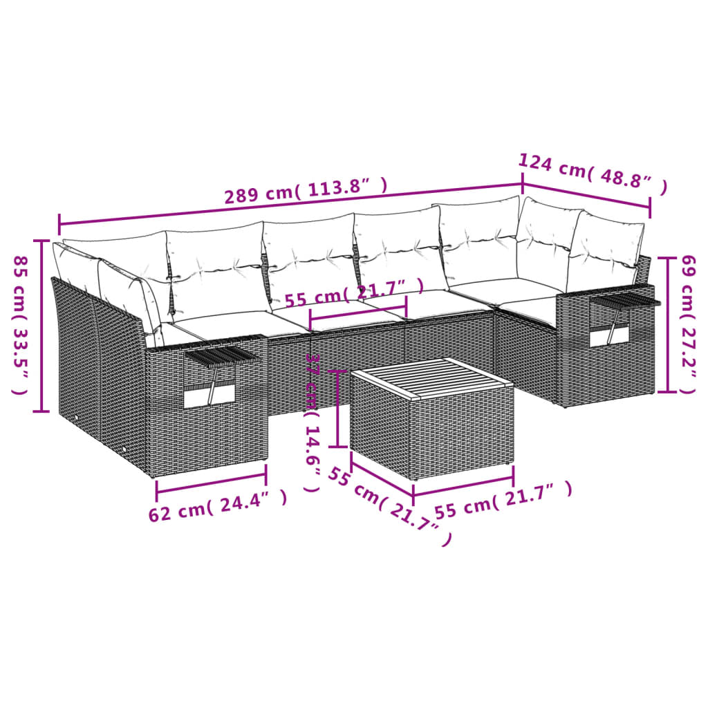 8-tlg. Garten-Sofagarnitur mit Kissen Grau Poly Rattan - Pazzar.ch