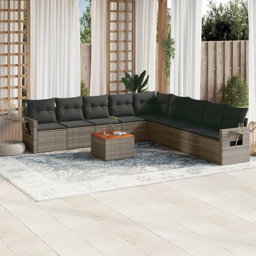 10-tlg. Garten-Sofagarnitur mit Kissen Grau Poly Rattan