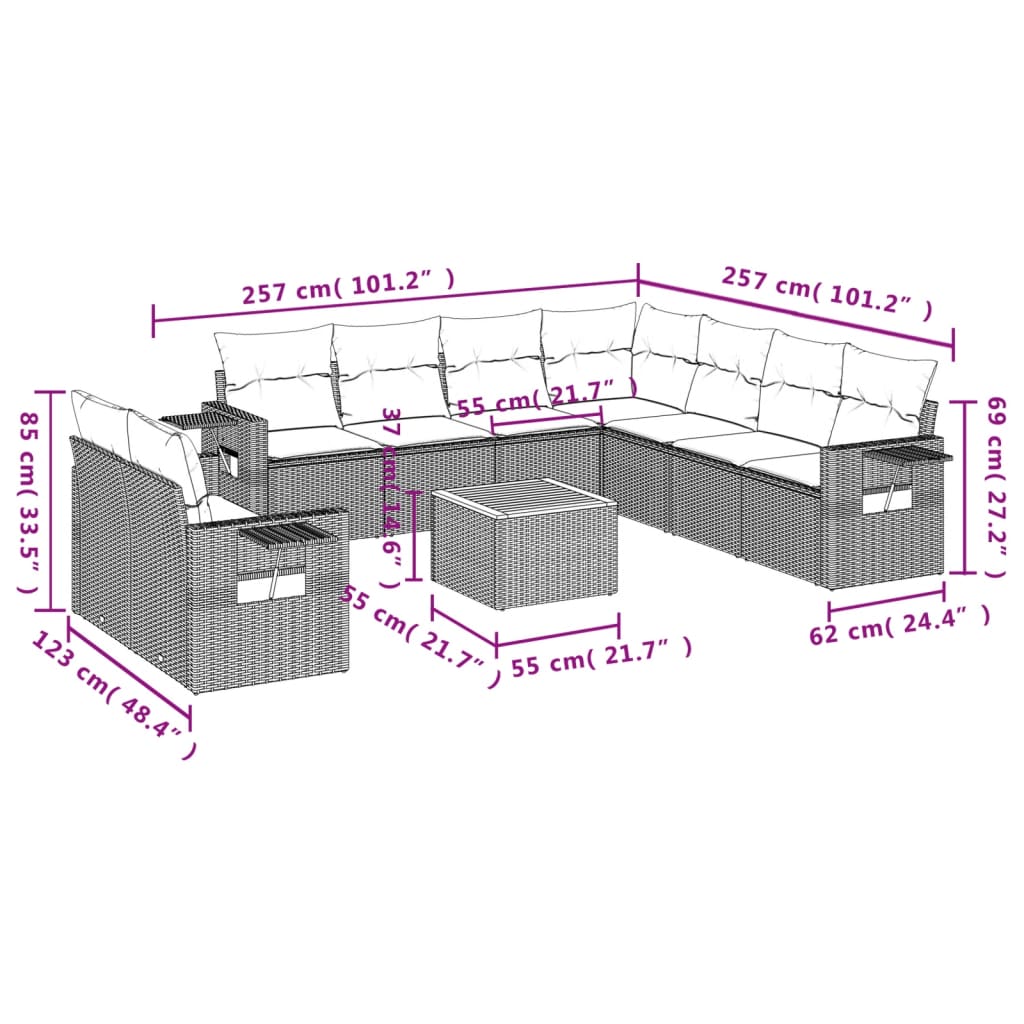 10-tlg. Garten-Sofagarnitur mit Kissen Schwarz Poly Rattan - Pazzar.ch