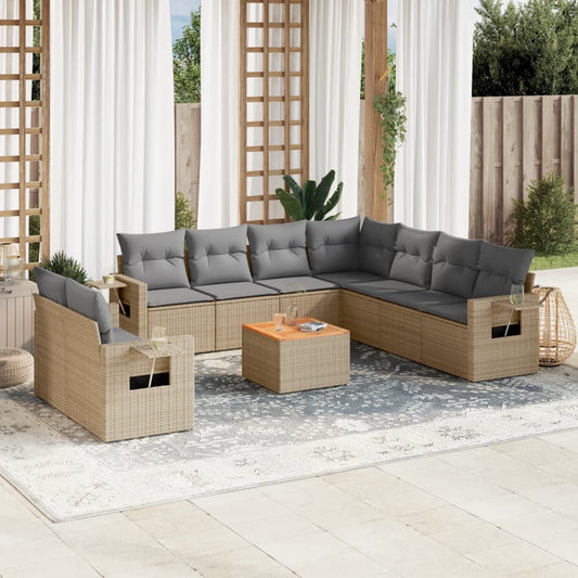 10-tlg. Garten-Sofagarnitur mit Kissen Beige Poly Rattan - Pazzar.ch