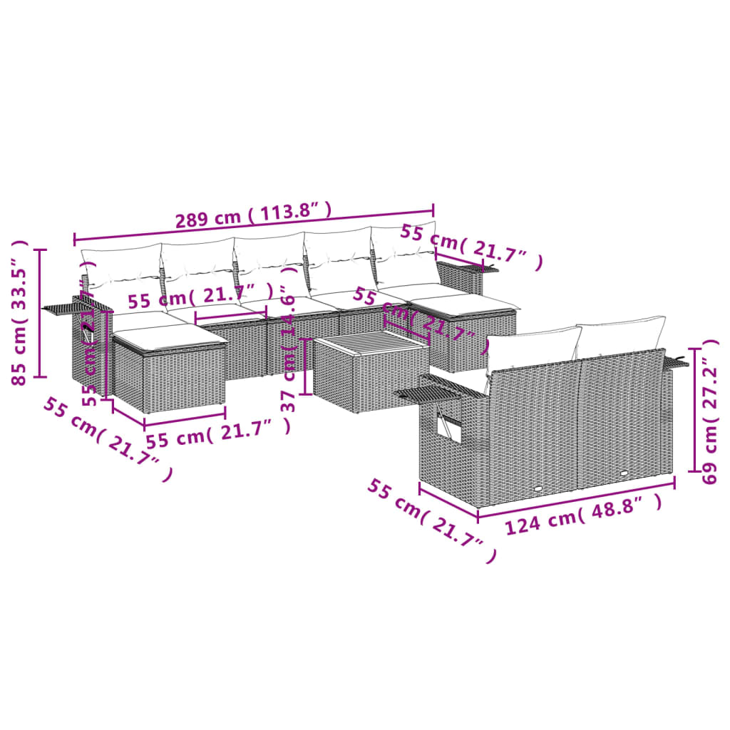 10-tlg. Garten-Sofagarnitur mit Kissen Schwarz Poly Rattan - Pazzar.ch