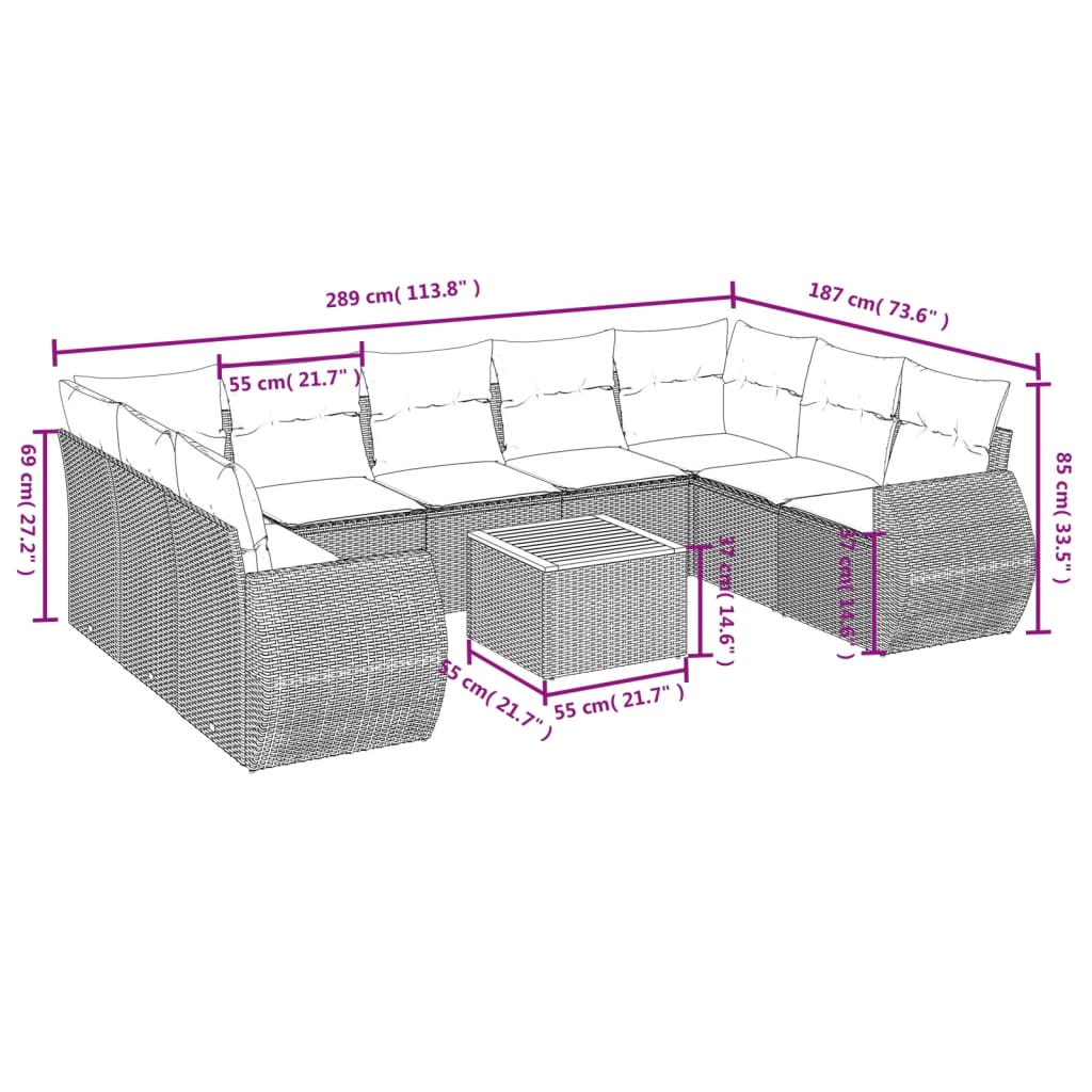 10-tlg. Garten-Sofagarnitur mit Kissen Schwarz Poly Rattan - Pazzar.ch