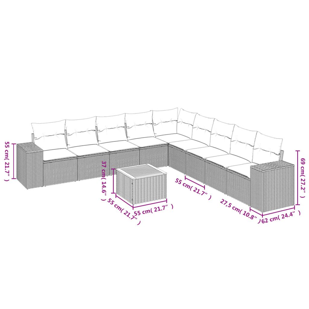 10-tlg. Garten-Sofagarnitur mit Kissen Beige Poly Rattan - Pazzar.ch