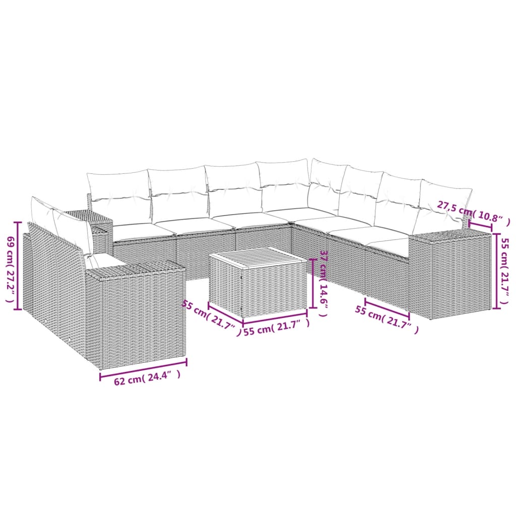 10-tlg. Garten-Sofagarnitur mit Kissen Schwarz Poly Rattan - Pazzar.ch