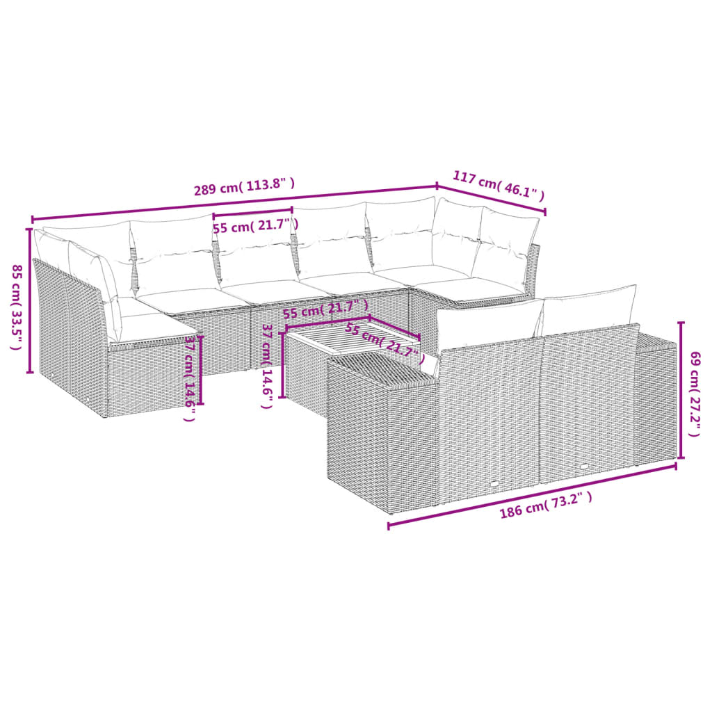 10-tlg. Garten-Sofagarnitur mit Kissen Beige Poly Rattan - Pazzar.ch