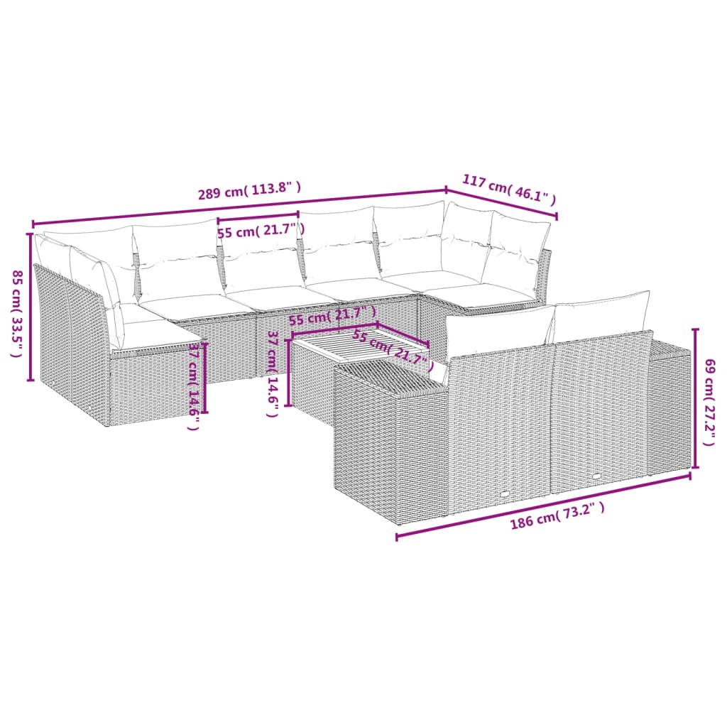 10-tlg. Garten-Sofagarnitur mit Kissen Grau Poly Rattan - Pazzar.ch