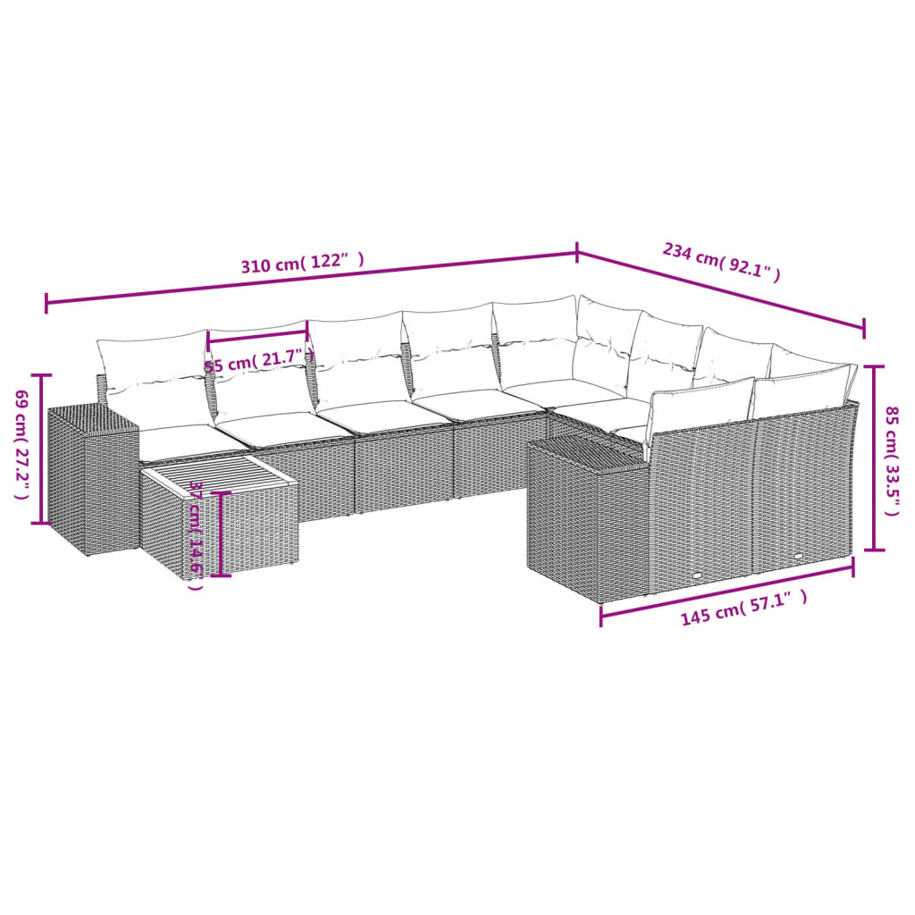 10-tlg. Garten-Sofagarnitur mit Kissen Schwarz Poly Rattan - Pazzar.ch