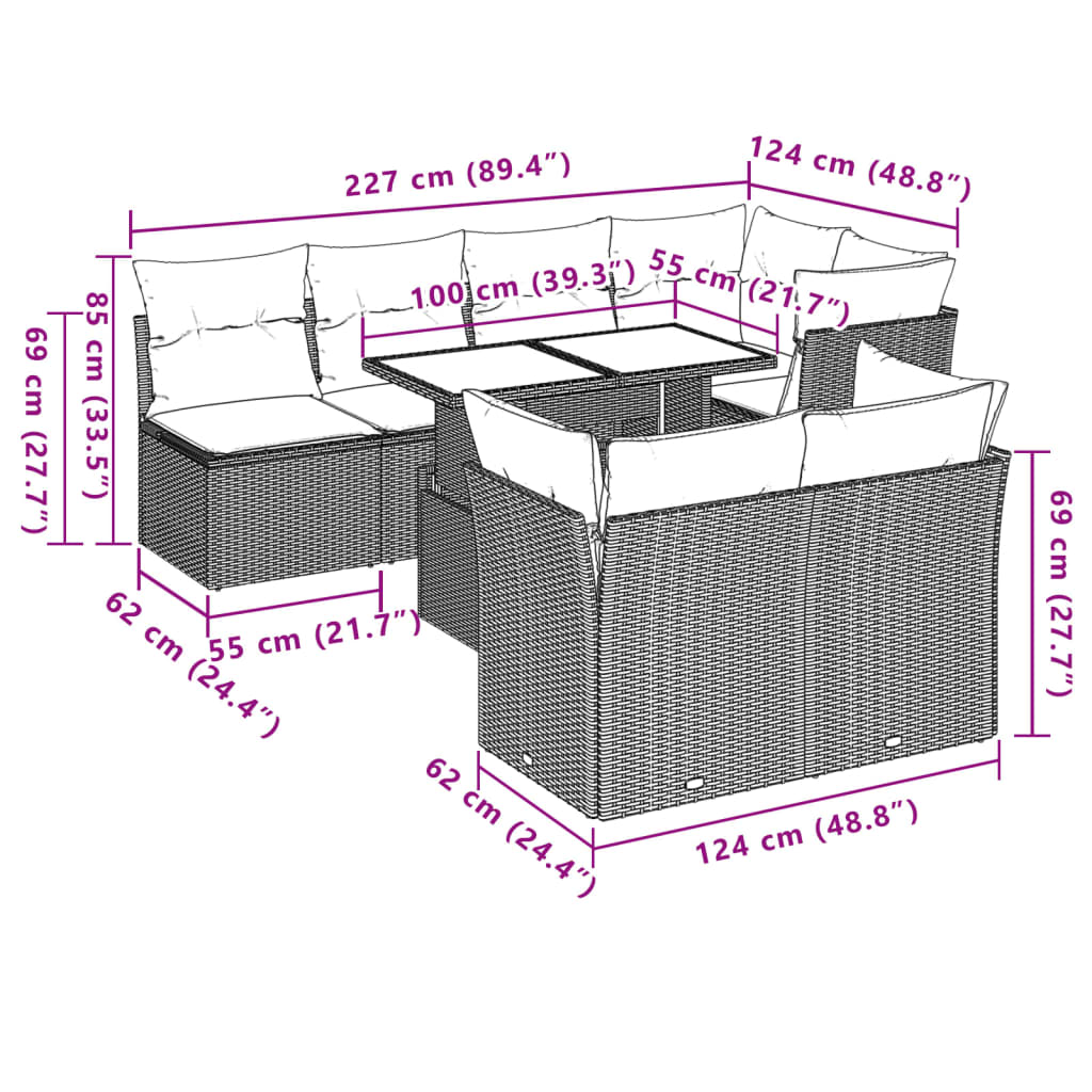8-tlg. Garten-Sofagarnitur mit Kissen Braun Poly Rattan - Pazzar.ch