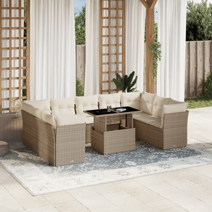 10-tlg. Garten-Sofagarnitur mit Kissen Beige Poly Rattan - Pazzar.ch