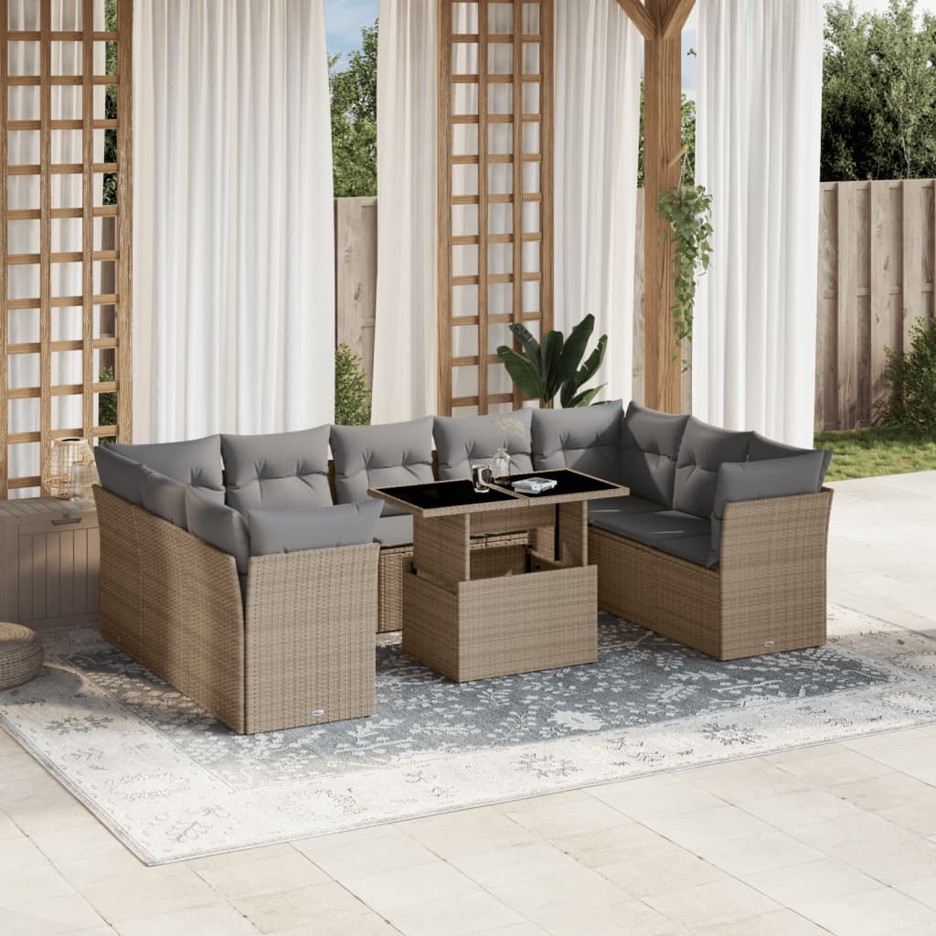 10-tlg. Garten-Sofagarnitur mit Kissen Beige Poly Rattan - Pazzar.ch