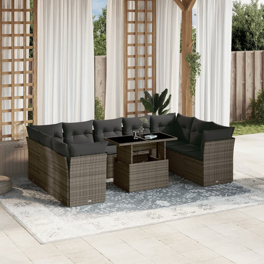 10-tlg. Garten-Sofagarnitur mit Kissen Grau Poly Rattan - Pazzar.ch