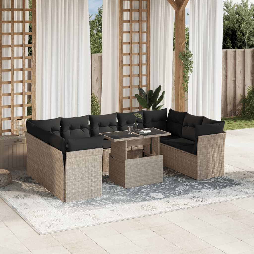 10-tlg. Garten-Sofagarnitur mit Kissen Hellgrau Poly Rattan - Pazzar.ch