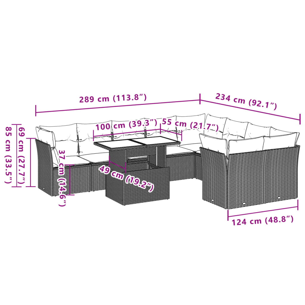 10-tlg. Garten-Sofagarnitur mit Kissen Schwarz Poly Rattan - Pazzar.ch