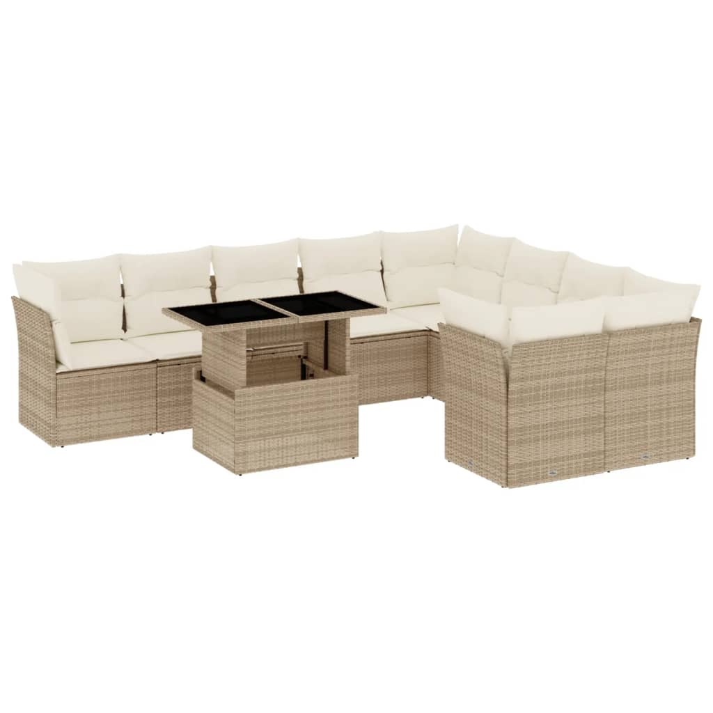 10-tlg. Garten-Sofagarnitur mit Kissen Beige Poly Rattan