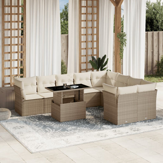 10-tlg. Garten-Sofagarnitur mit Kissen Beige Poly Rattan - Pazzar.ch