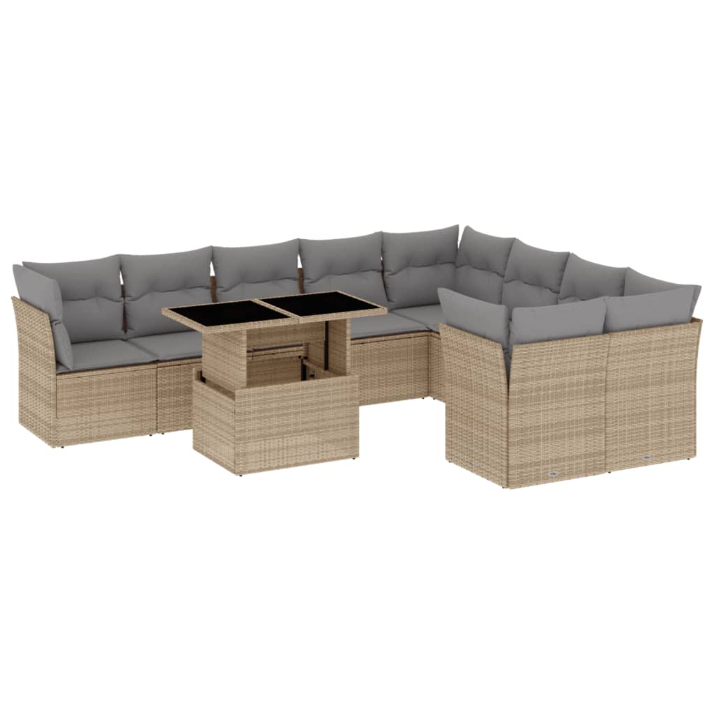 10-tlg. Garten-Sofagarnitur mit Kissen Beige Poly Rattan - Pazzar.ch