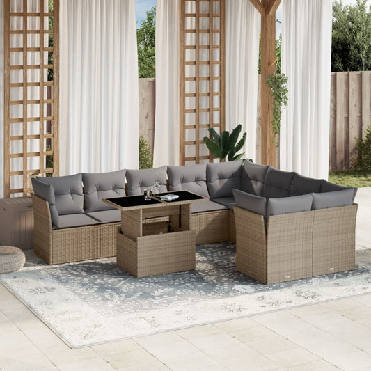 10-tlg. Garten-Sofagarnitur mit Kissen Beige Poly Rattan - Pazzar.ch