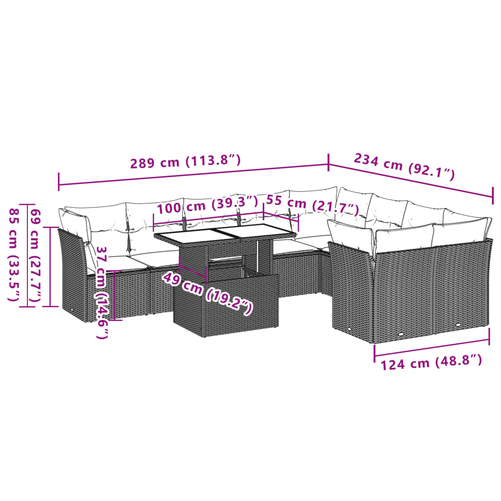 10-tlg. Garten-Sofagarnitur mit Kissen Grau Poly Rattan - Pazzar.ch