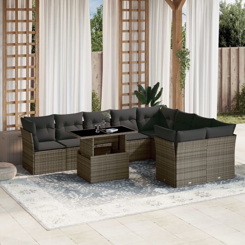 10-tlg. Garten-Sofagarnitur mit Kissen Grau Poly Rattan - Pazzar.ch