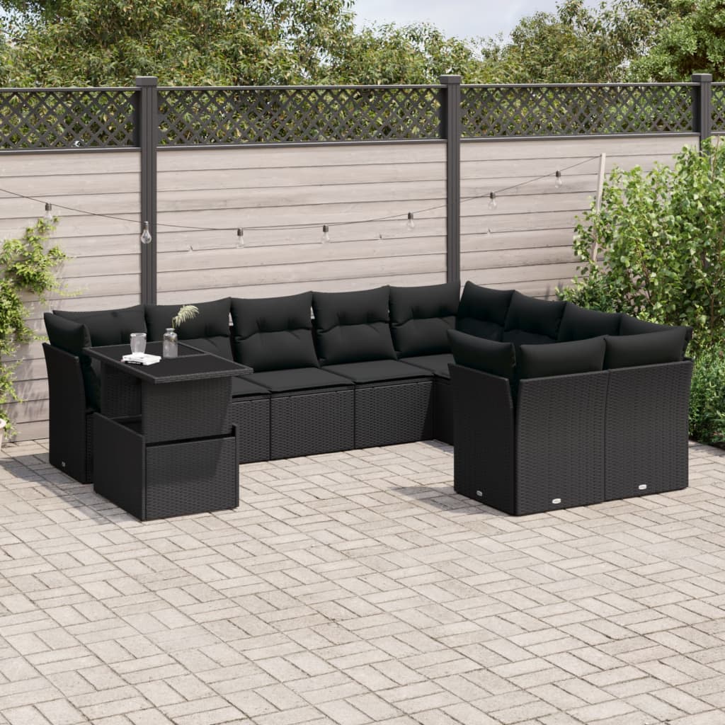 10-tlg. Garten-Sofagarnitur mit Kissen Schwarz Poly Rattan - Pazzar.ch