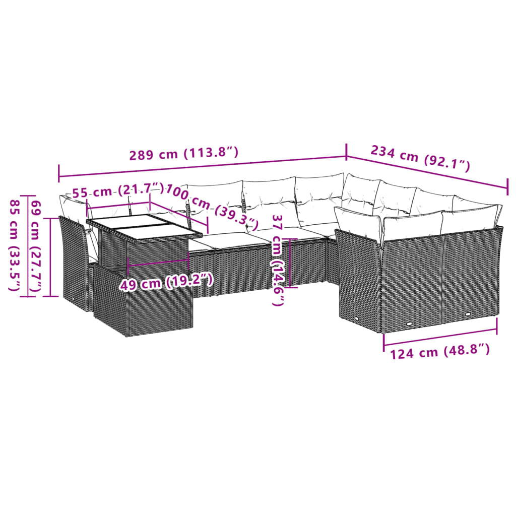 10-tlg. Garten-Sofagarnitur mit Kissen Schwarz Poly Rattan - Pazzar.ch