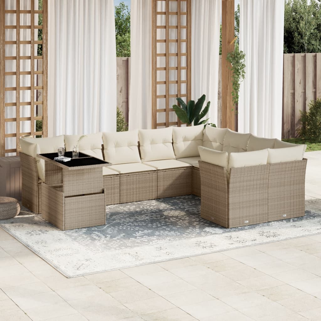 10-tlg. Garten-Sofagarnitur mit Kissen Beige Poly Rattan - Pazzar.ch