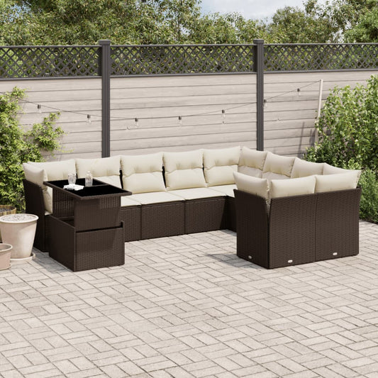 10-tlg. Garten-Sofagarnitur mit Kissen Braun Poly Rattan - Pazzar.ch