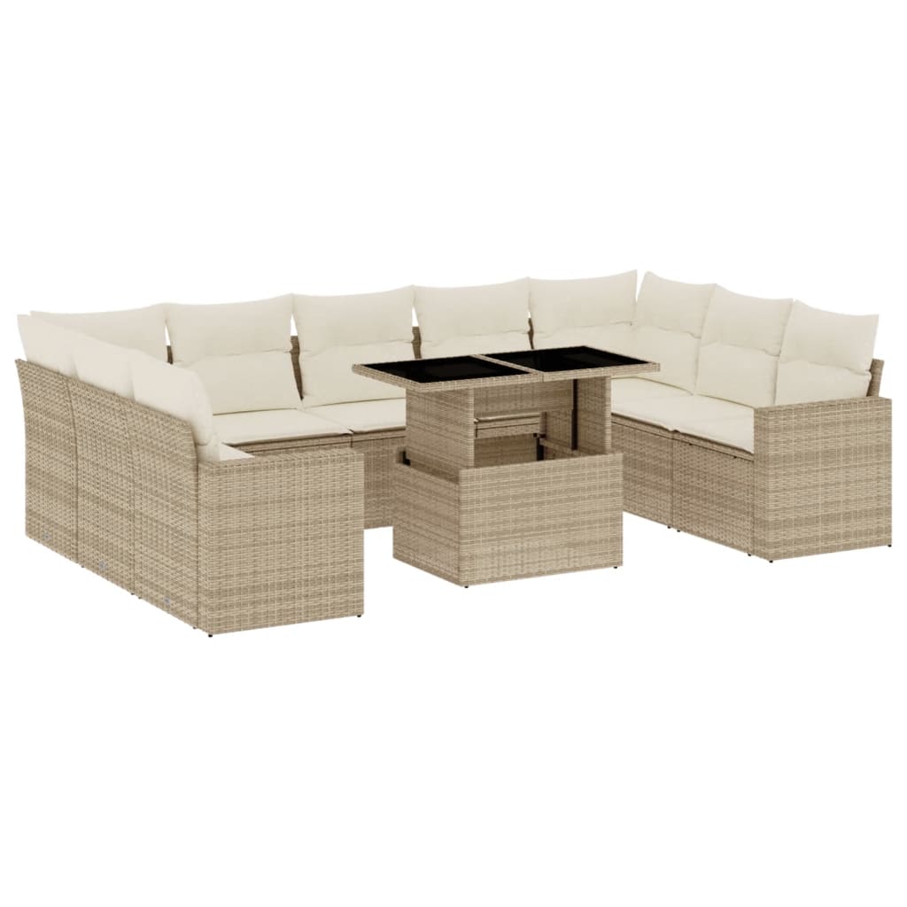 10-tlg. Garten-Sofagarnitur mit Kissen Beige Poly Rattan - Pazzar.ch