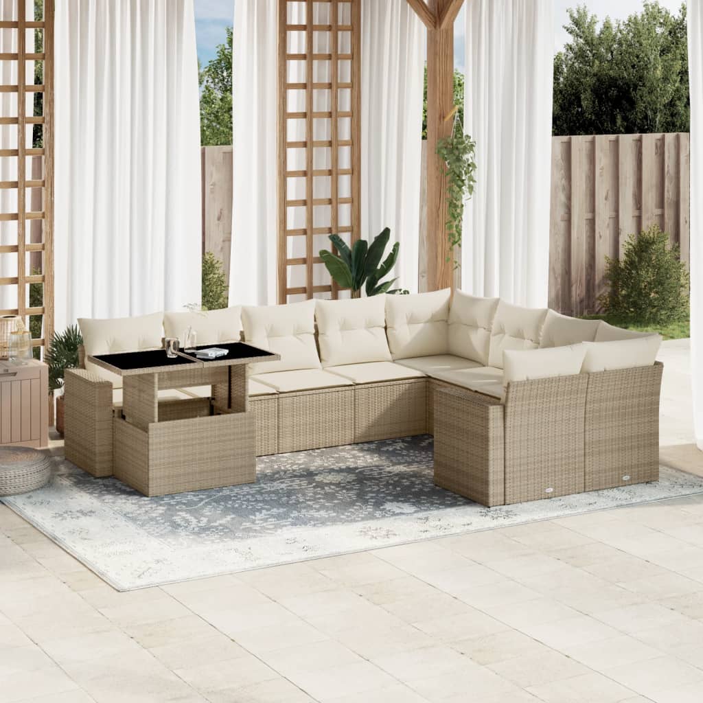 10-tlg. Garten-Sofagarnitur mit Kissen Beige Poly Rattan - Pazzar.ch