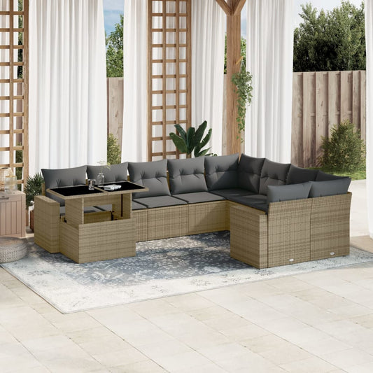 10-tlg. Garten-Sofagarnitur mit Kissen Beige Poly Rattan - Pazzar.ch