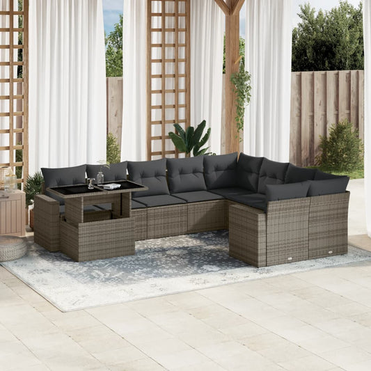 10-tlg. Garten-Sofagarnitur mit Kissen Grau Poly Rattan - Pazzar.ch