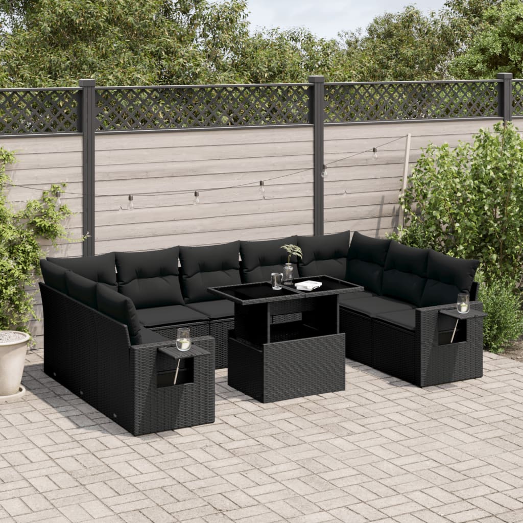 10-tlg. Garten-Sofagarnitur mit Kissen Schwarz Poly Rattan - Pazzar.ch