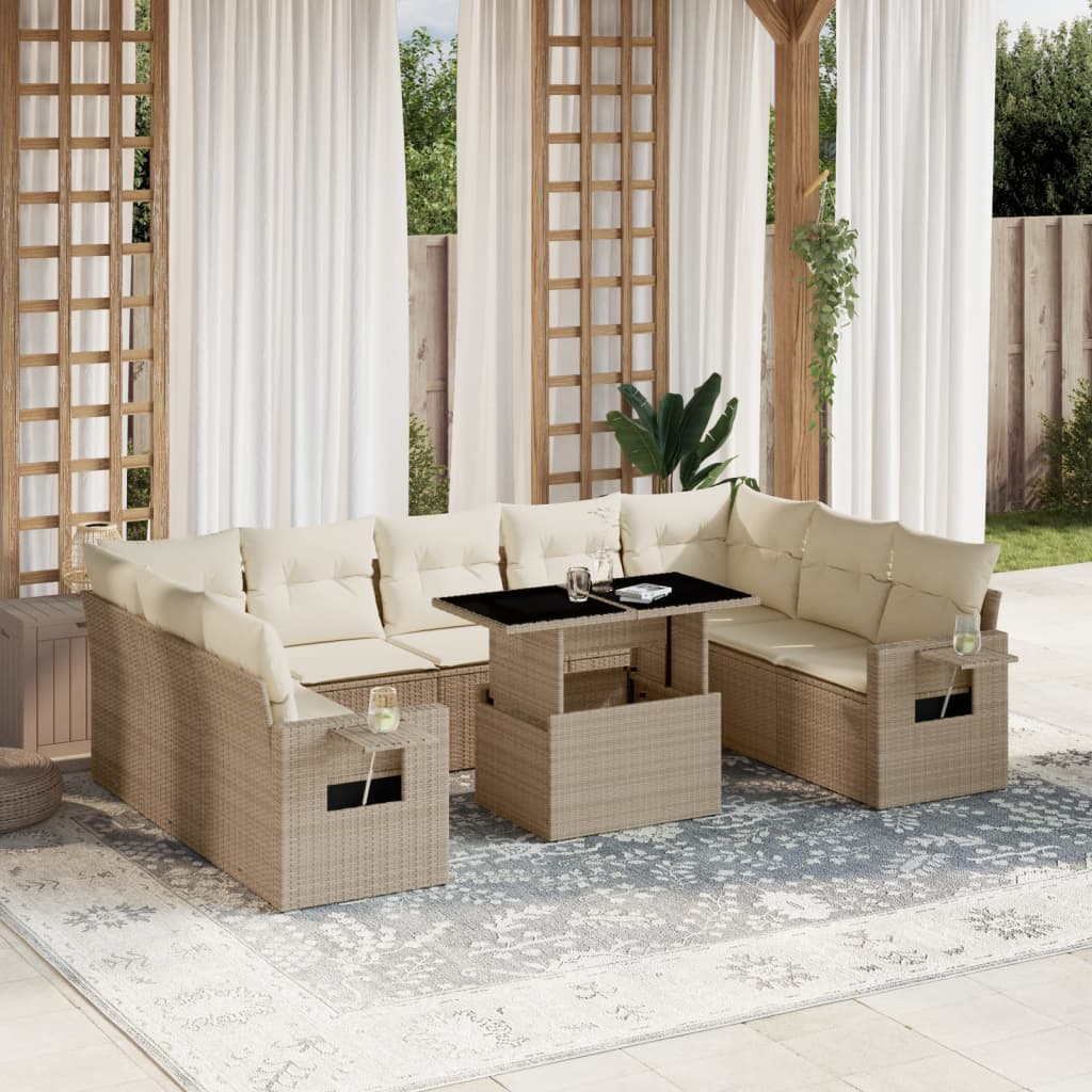 10-tlg. Garten-Sofagarnitur mit Kissen Beige Poly Rattan - Pazzar.ch