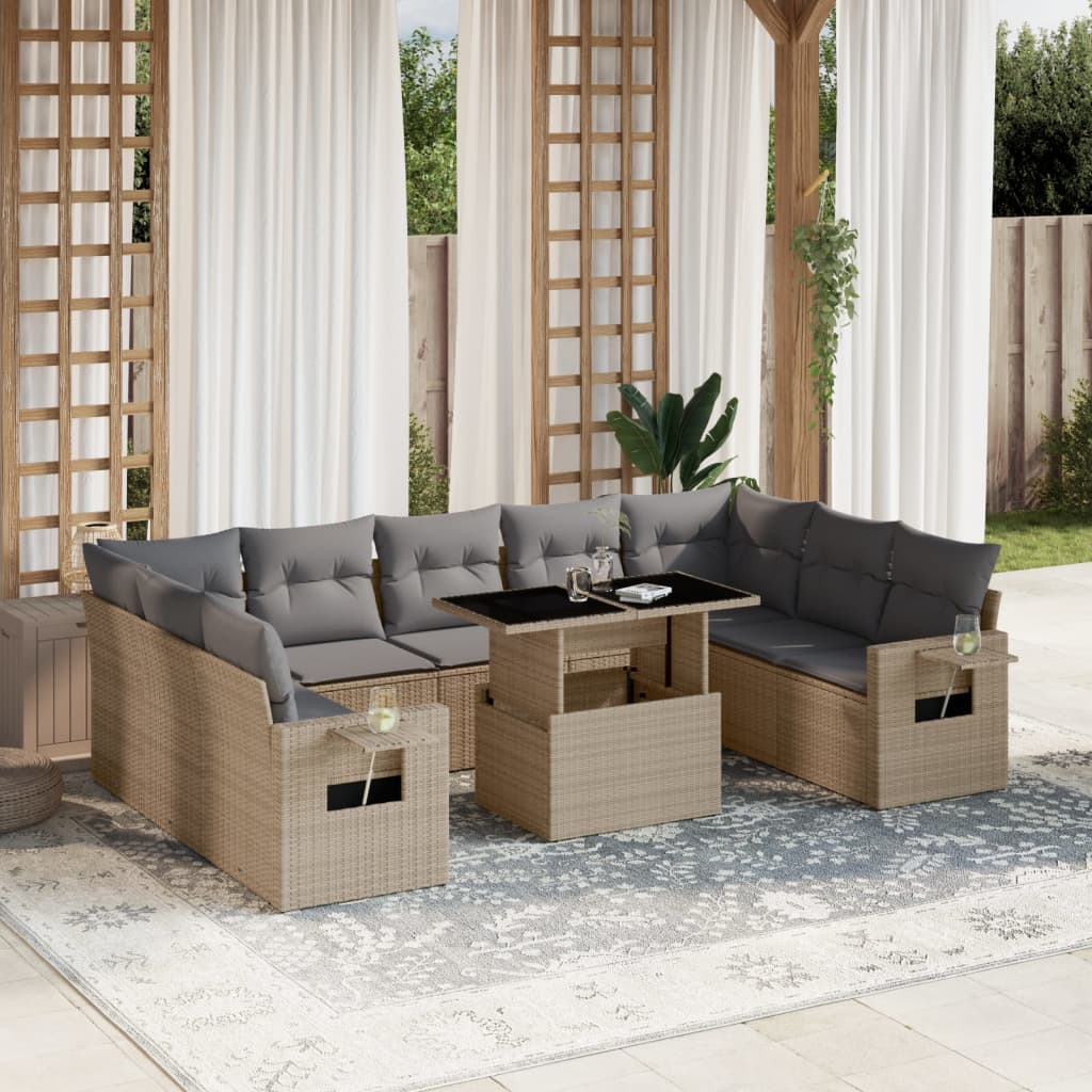 10-tlg. Garten-Sofagarnitur mit Kissen Beige Poly Rattan - Pazzar.ch