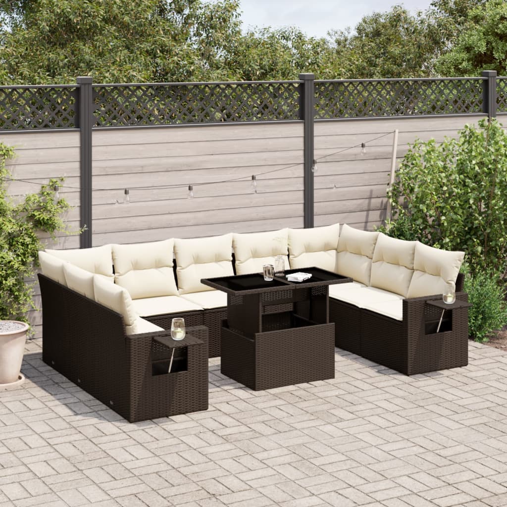 10-tlg. Garten-Sofagarnitur mit Kissen Braun Poly Rattan - Pazzar.ch