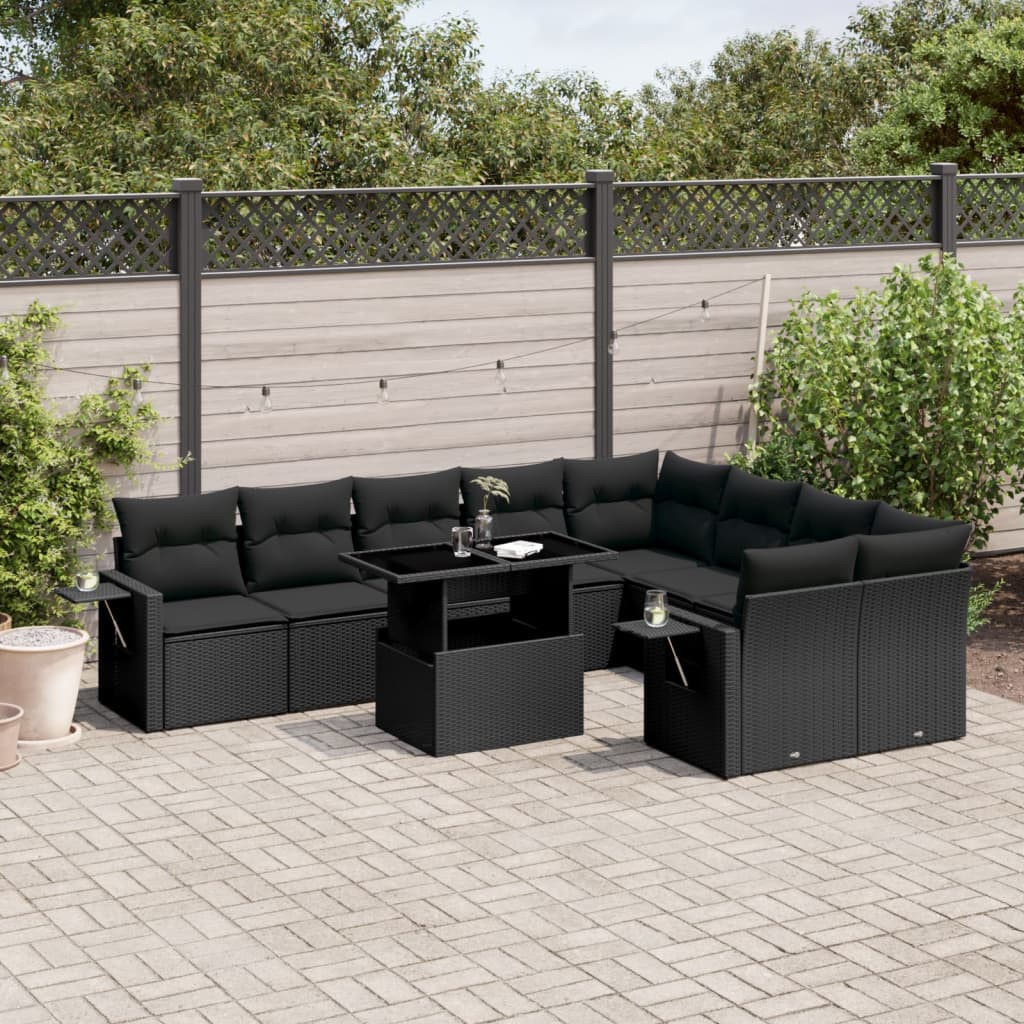 10-tlg. Garten-Sofagarnitur mit Kissen Schwarz Poly Rattan - Pazzar.ch