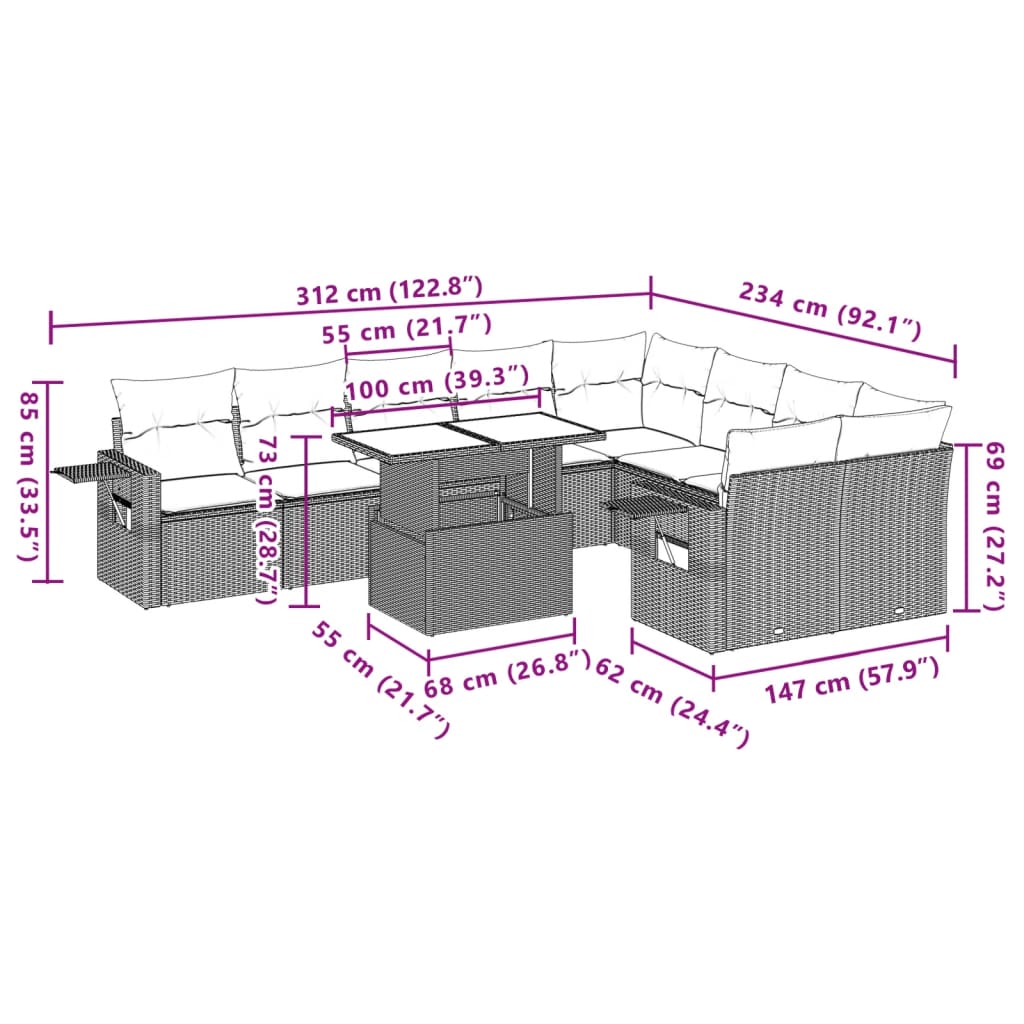 10-tlg. Garten-Sofagarnitur mit Kissen Schwarz Poly Rattan - Pazzar.ch