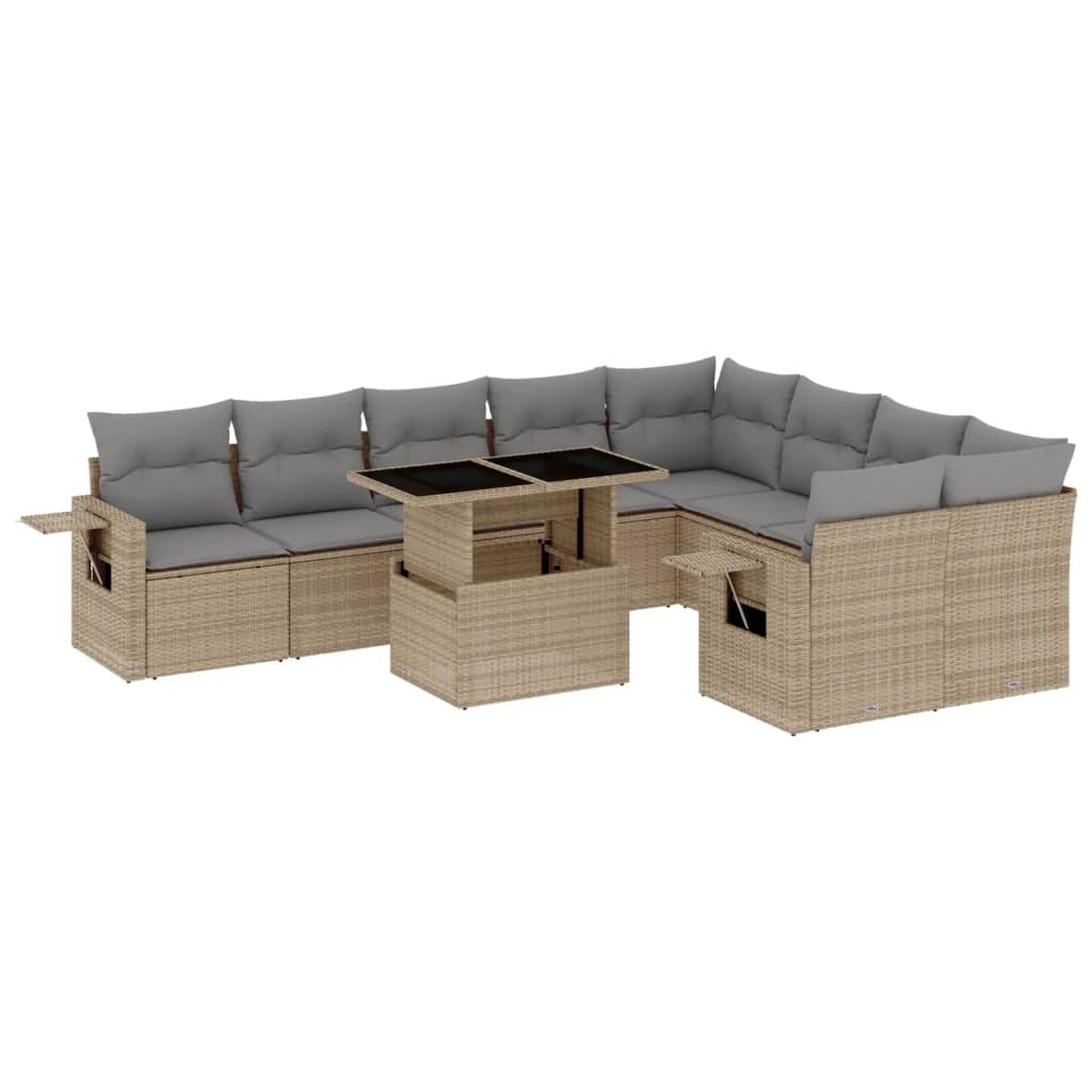 10-tlg. Garten-Sofagarnitur mit Kissen Beige Poly Rattan - Pazzar.ch