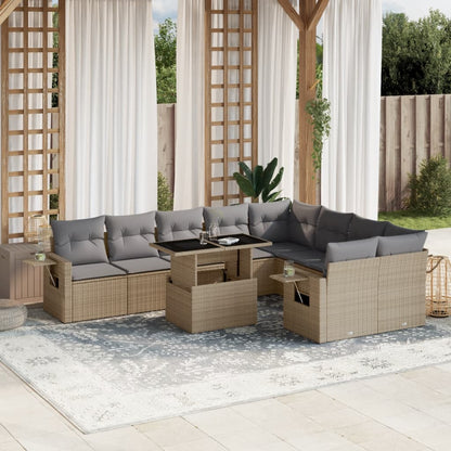 10-tlg. Garten-Sofagarnitur mit Kissen Beige Poly Rattan - Pazzar.ch