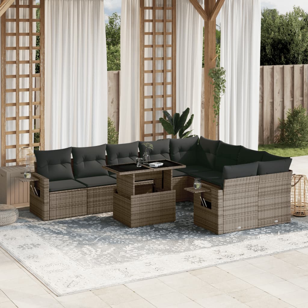 10-tlg. Garten-Sofagarnitur mit Kissen Grau Poly Rattan - Pazzar.ch