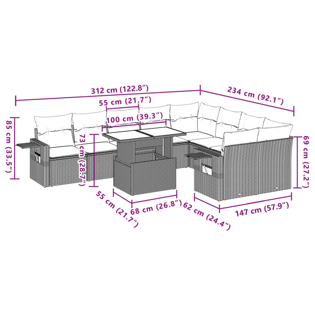 10-tlg. Garten-Sofagarnitur mit Kissen Hellgrau Poly Rattan - Pazzar.ch