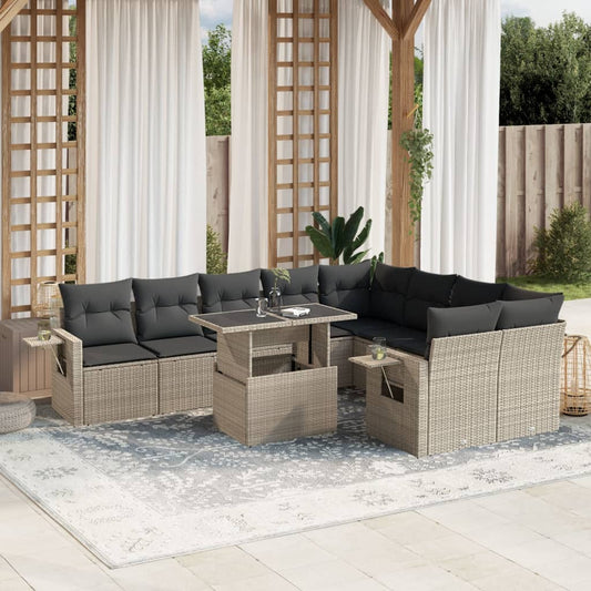 10-tlg. Garten-Sofagarnitur mit Kissen Hellgrau Poly Rattan - Pazzar.ch