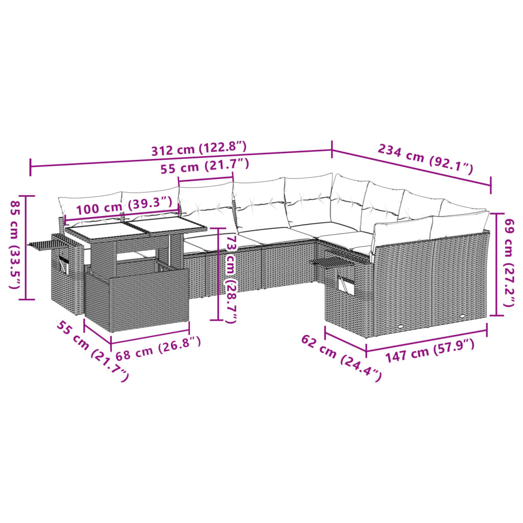 10-tlg. Garten-Sofagarnitur mit Kissen Schwarz Poly Rattan - Pazzar.ch