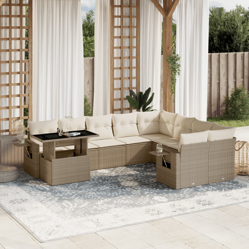 10-tlg. Garten-Sofagarnitur mit Kissen Beige Poly Rattan