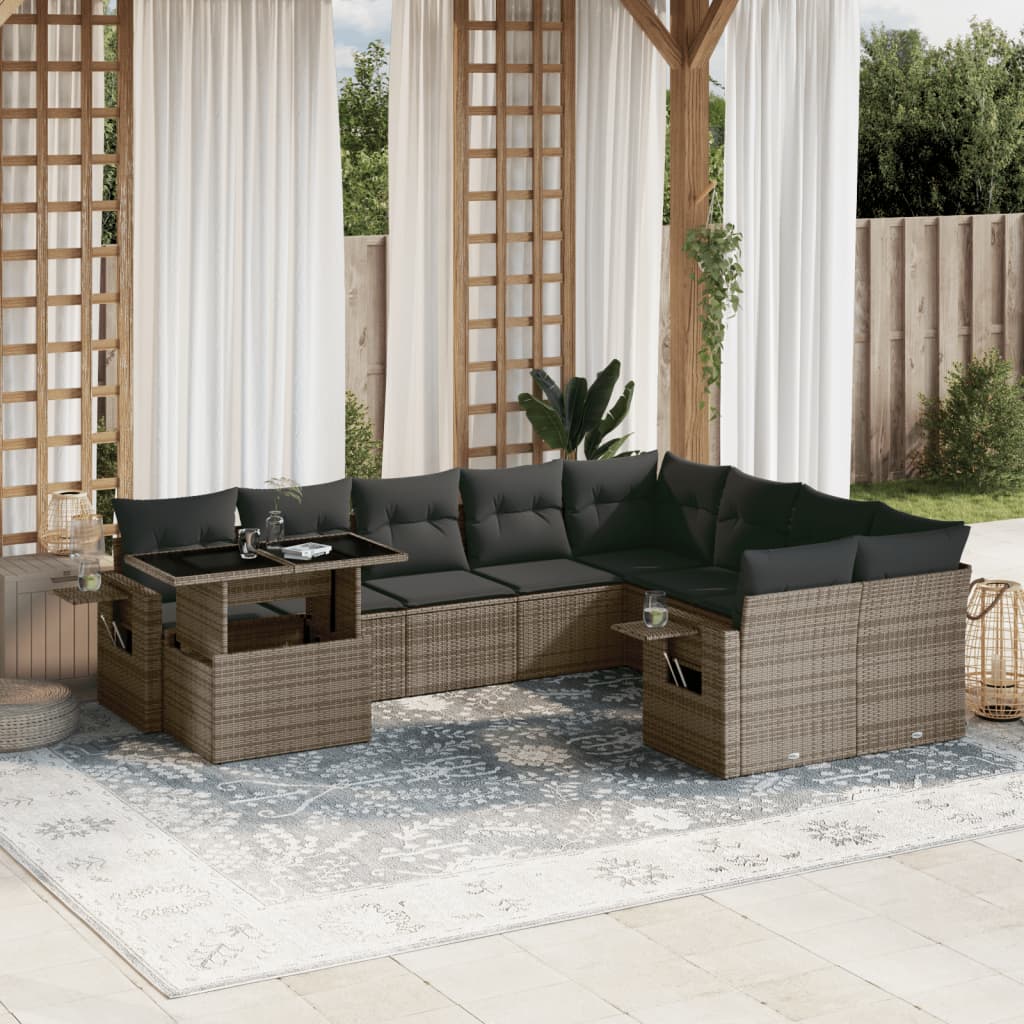 10-tlg. Garten-Sofagarnitur mit Kissen Grau Poly Rattan - Pazzar.ch